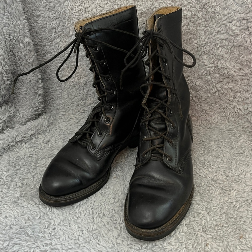 Vintage Military Combat Jump Boots Mens 6 Black Leather Vulcan Sole Lace Up 1976